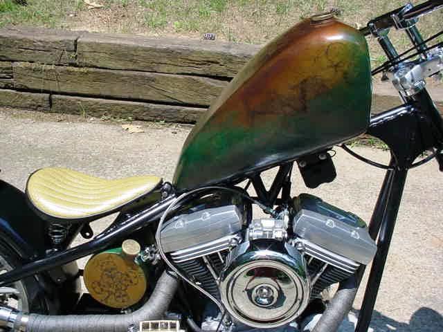 The gas and oil tanks were made with silicon bronze sheet metal with brass caps and bungs. They had a bronze and green colored patina applied to them and then they were waxed. The gas tank looked cool, if a bit crude, but proved to be too heavy.