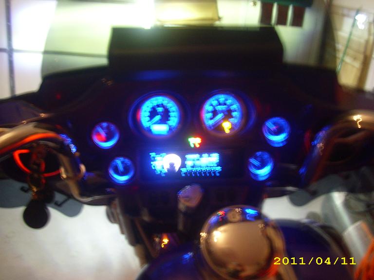 Not a good shot showing all the gauges after I changed all the LED's to blue so they would match the Sony head unit